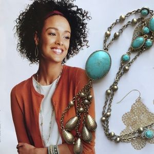 Genuine Turquoise Matte Bronze Pendant Long Necklace